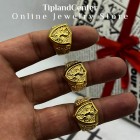 انگشتر استیل آبکاری طلا با طرح شیر هِرالدیک روی سپر، به همراه دو انگشتر مشابه در پس‌زمینه