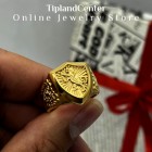 انگشتر استیل آبکاری طلا با طرح شیر هِرالدیک روی سپر، به همراه دو انگشتر مشابه در پس‌زمینه