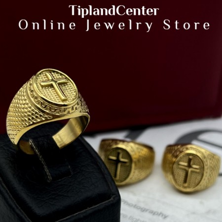 انگشتر صلیب طلایی ۲۴ میکرون آبکاری واقعی - استیل 316L ضدحساسیت - سایز ۹ تا ۱۱